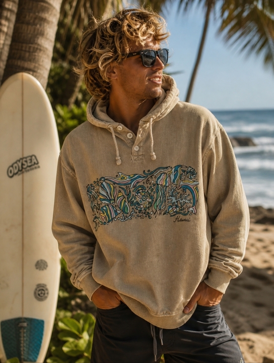 crazy shirts Other - CRAZY SHIRTS Hoodie Mens Medium Tan Blue Graphic Hawaii Surf Vintage